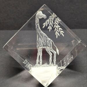 MCM Vtg Michael M COX Carved Lucite Glass Giraffe Paperweight Flowers Signed
